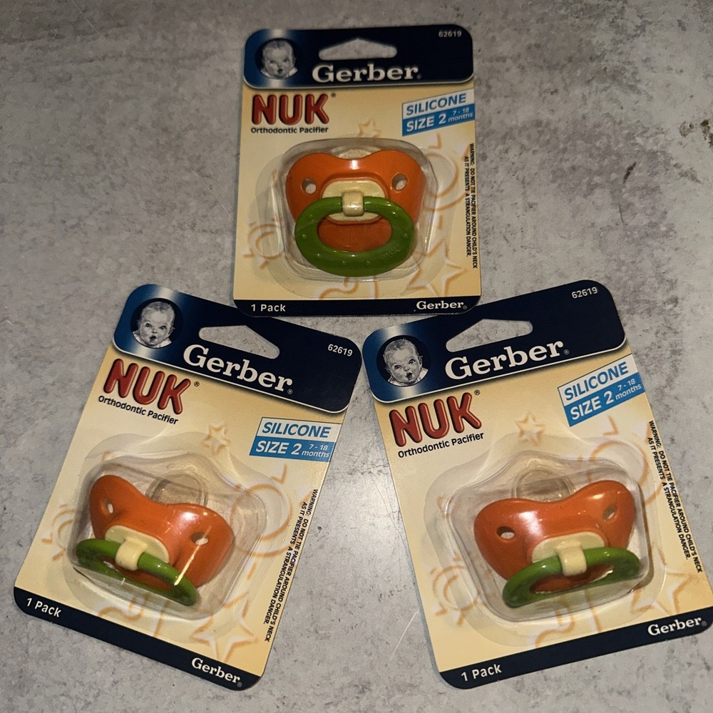 3 Lot Vintage 2005 Gerber NUK Orthodontic Silicone Pacifier Size 2 NOS Orange